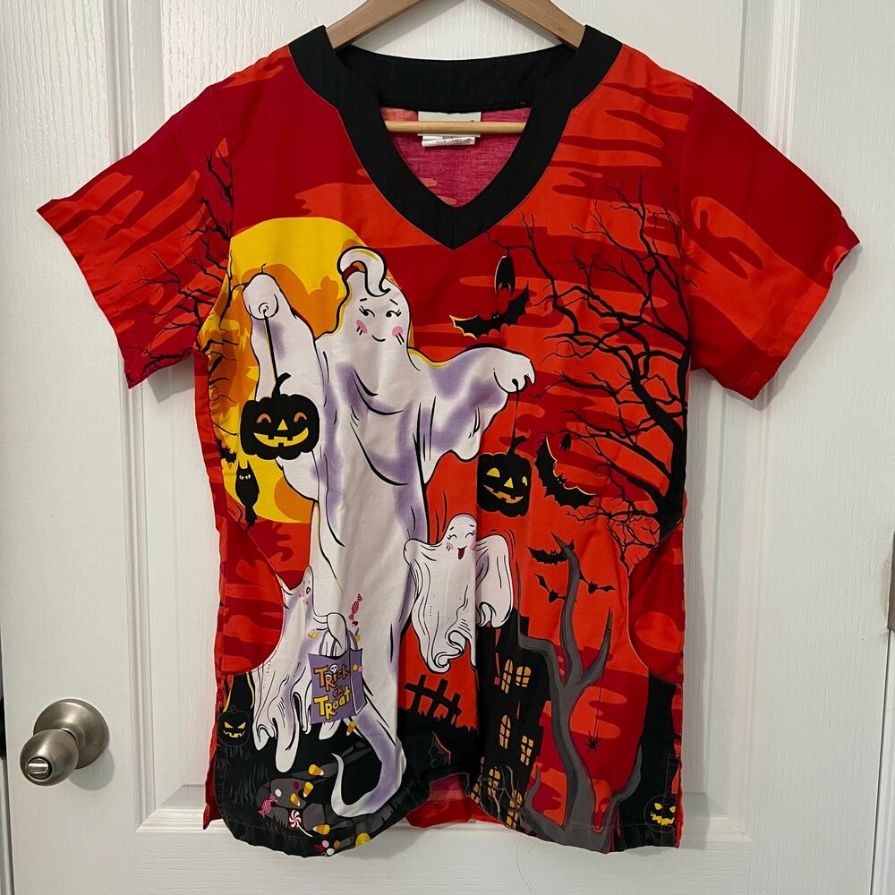 Uniform Advantage UA Scrubs | Halloween Ghost Pocket Top | Red | Small
